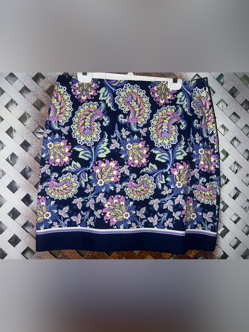 Talbots Navy Paisley & Floral A Line Skirt with Pink and Yellow Accents Sz 14